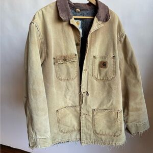 Carhartt Men's Beige Field Jacket with Brown Collar